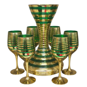 VINTAGE GREEN AND GOLD STRIPED DECANTER and 6 SHOT GLASSES