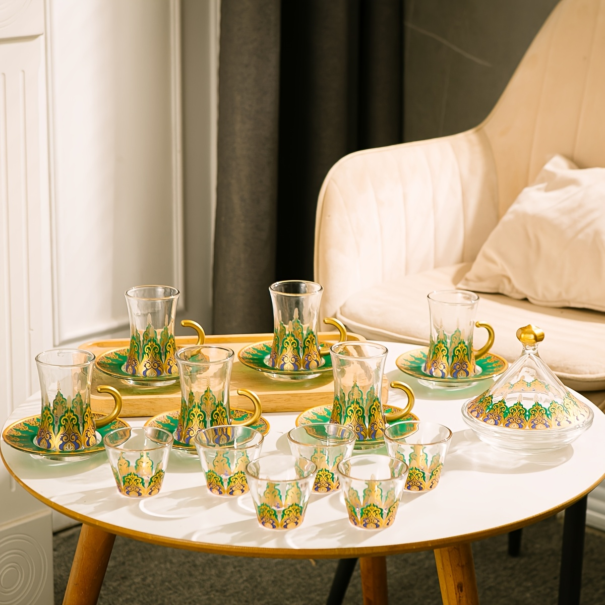 18 pcs Turkish Vintage Glass Coffee Cup Set – Hand Painted with Saucers - Image 2