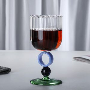 Handmade Colorful Ribbed Wine Goblet Borosilicate Glass, Blue & Amber Stripe Stemware for Bar & Gift