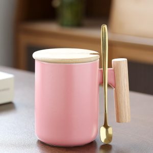 Nordic Wooden Handle lid and spoon Ceramic Coffee Mug